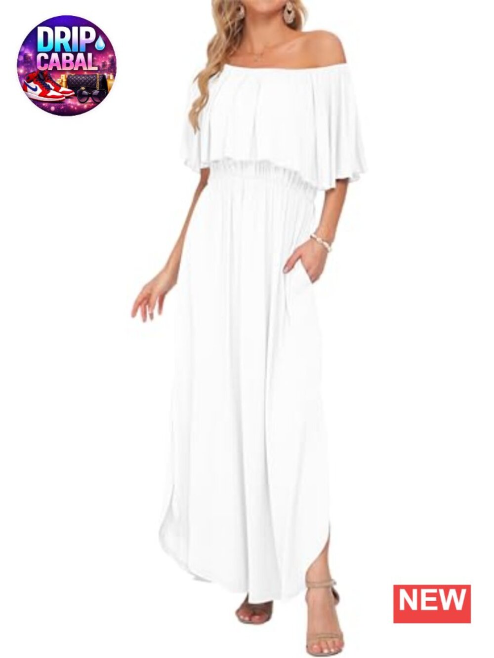 Off Shoulder Ruffle Maxi Dress with Pockets Side Split Empire Waist